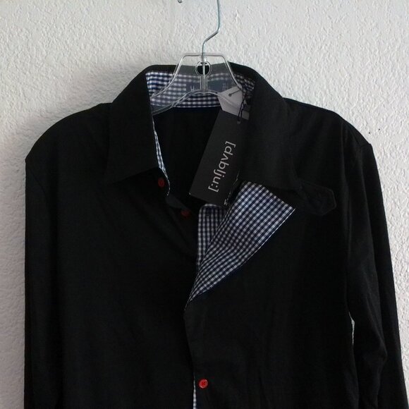 W[d^blju:], men's black button-up long sleeve shirt with blue/white plaid design - Picture 3 of 9